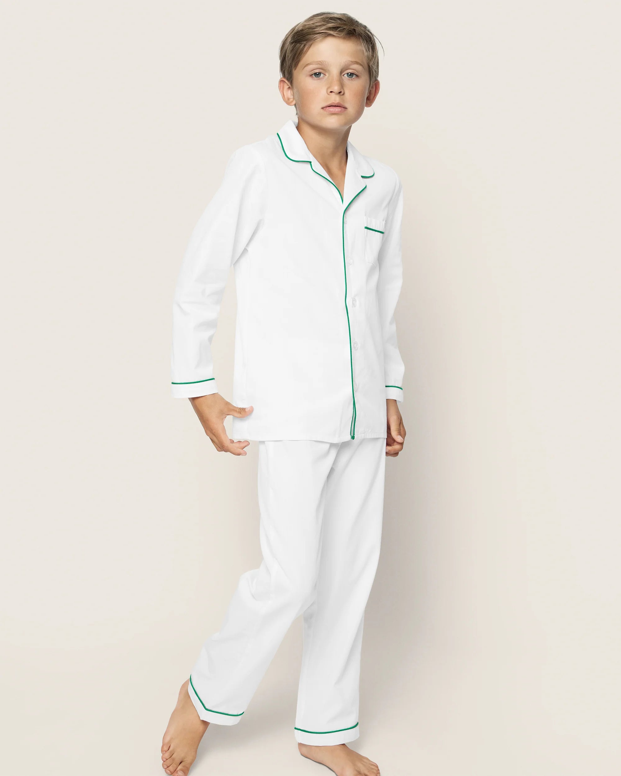 Image of Kid's Twill Pajama Set in White with Green Piping